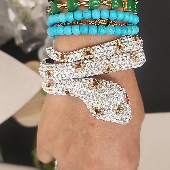 Vintage Silver Crystal Cobra Snake Hinge / Clamper Bracelet - Picture 9 of 11